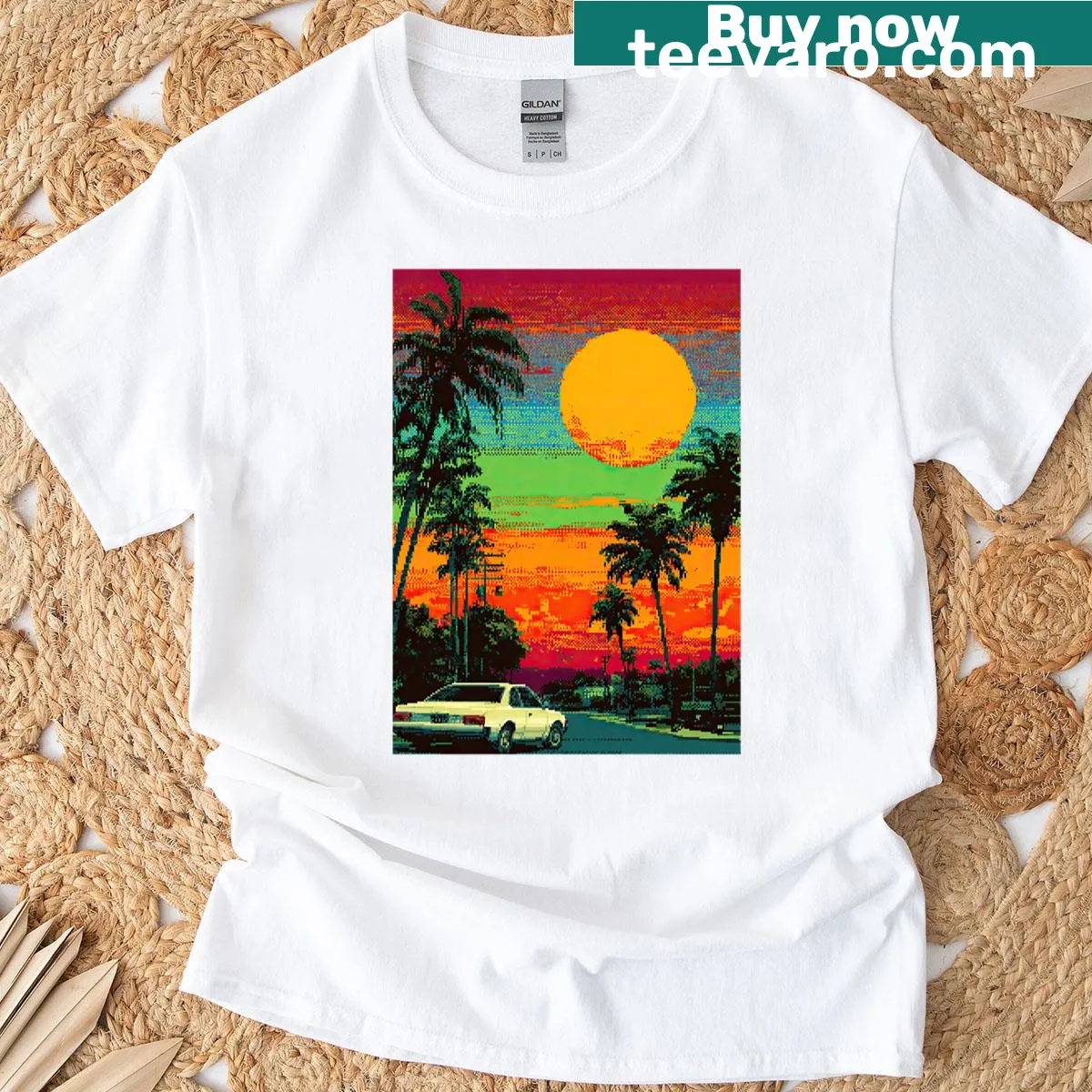 Vintage funk style t-shirt with groovy pixel art — on a men's t-shirt