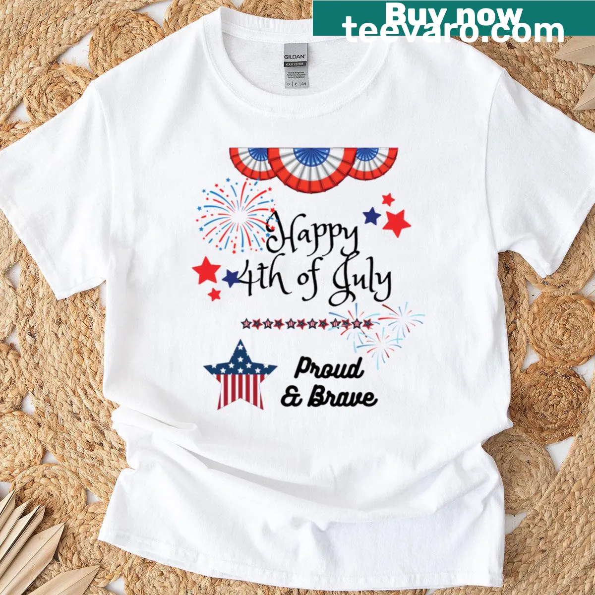 T-shirt with festive typography reading 'Happy 4th Of July' — on a men's t-shirt