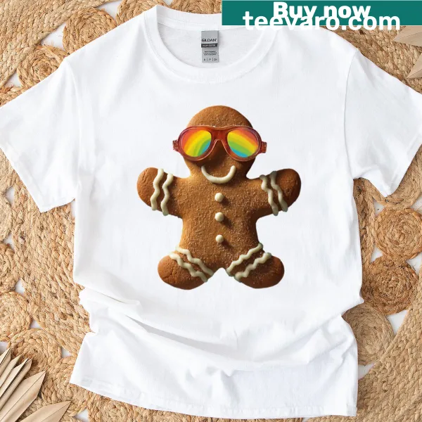 Cute t-shirt featuring a gingerbread cookie with rainbow sunglasses