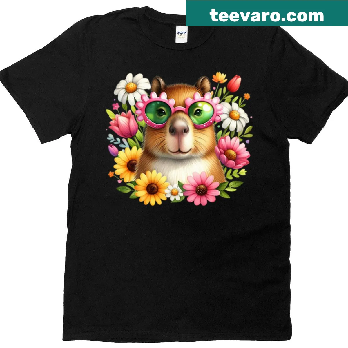 Illustration of a capybara among flowers on an oversized T-shirt — on a men's t-shirt