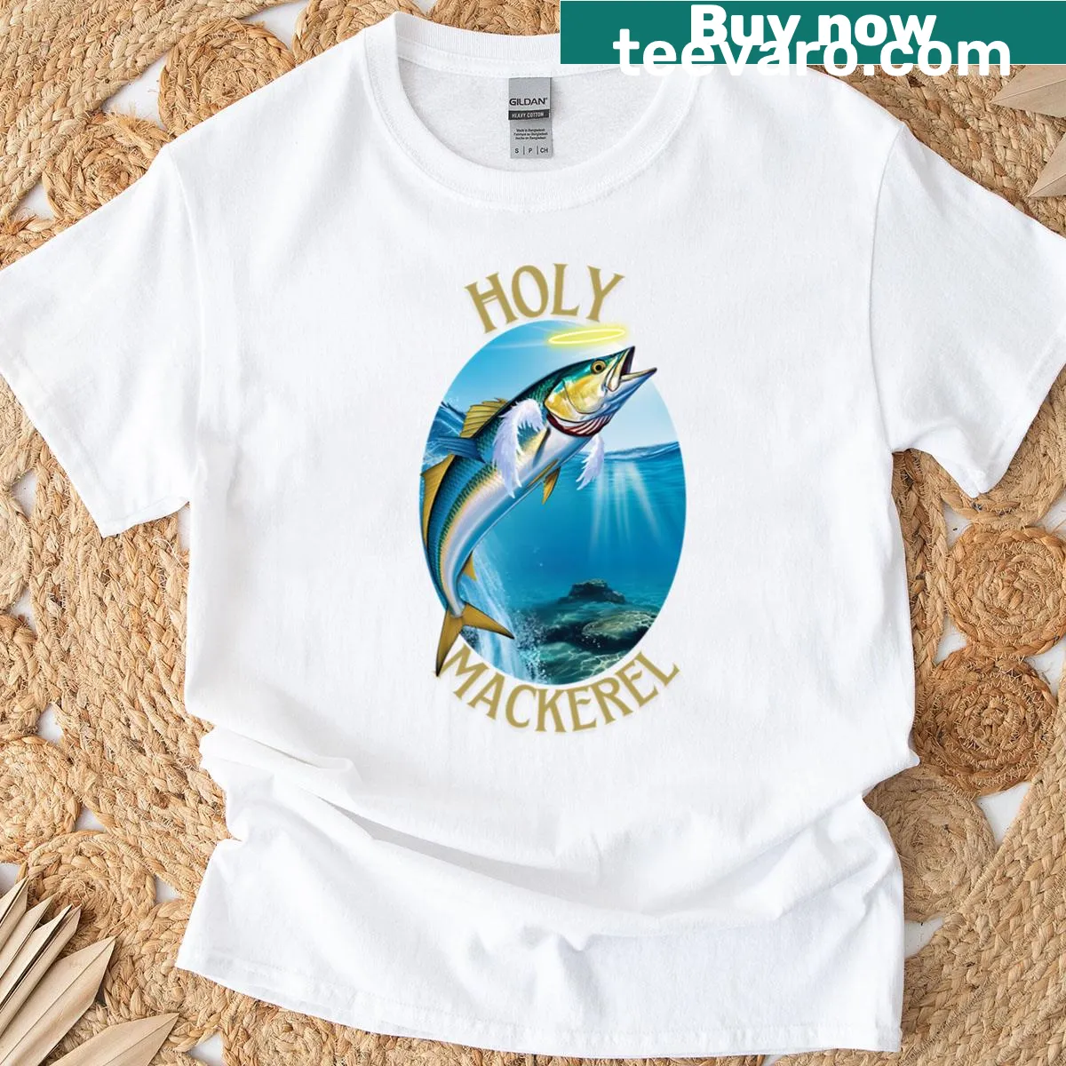 Humorous Holy Mackerel T-shirt with witty text — on a men's t-shirt