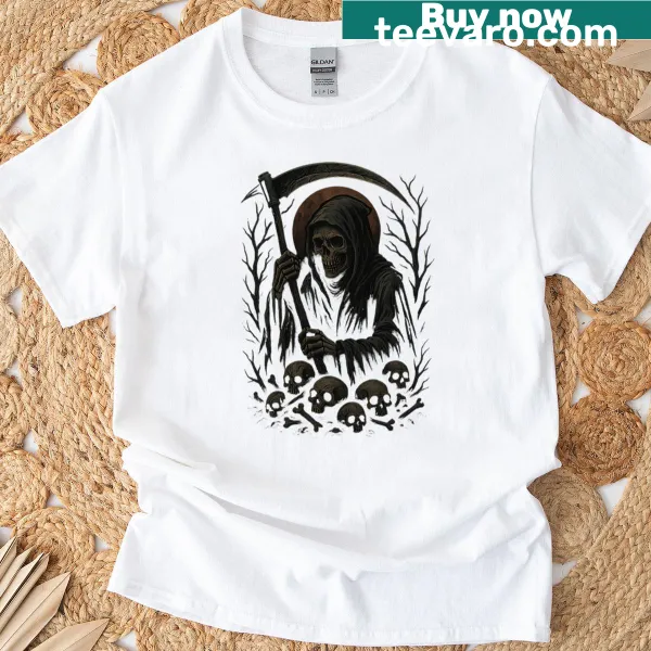 Gothic Horror Skull Reaper T-shirt with detailed illustration