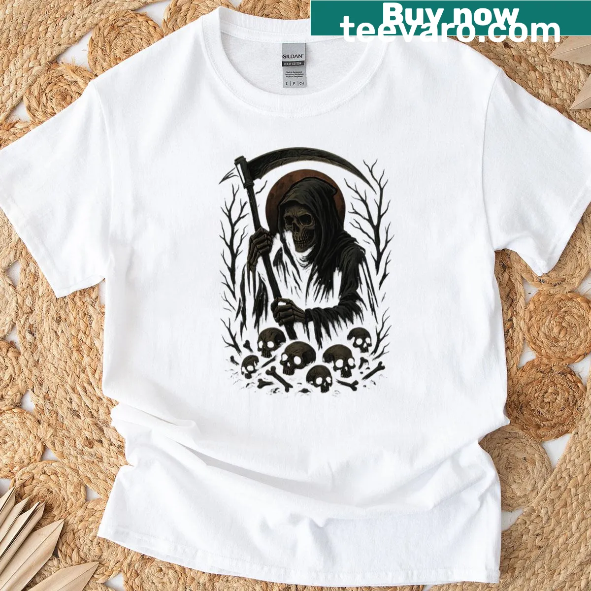 Gothic Horror Skull Reaper T-shirt with detailed illustration — on a men's t-shirt