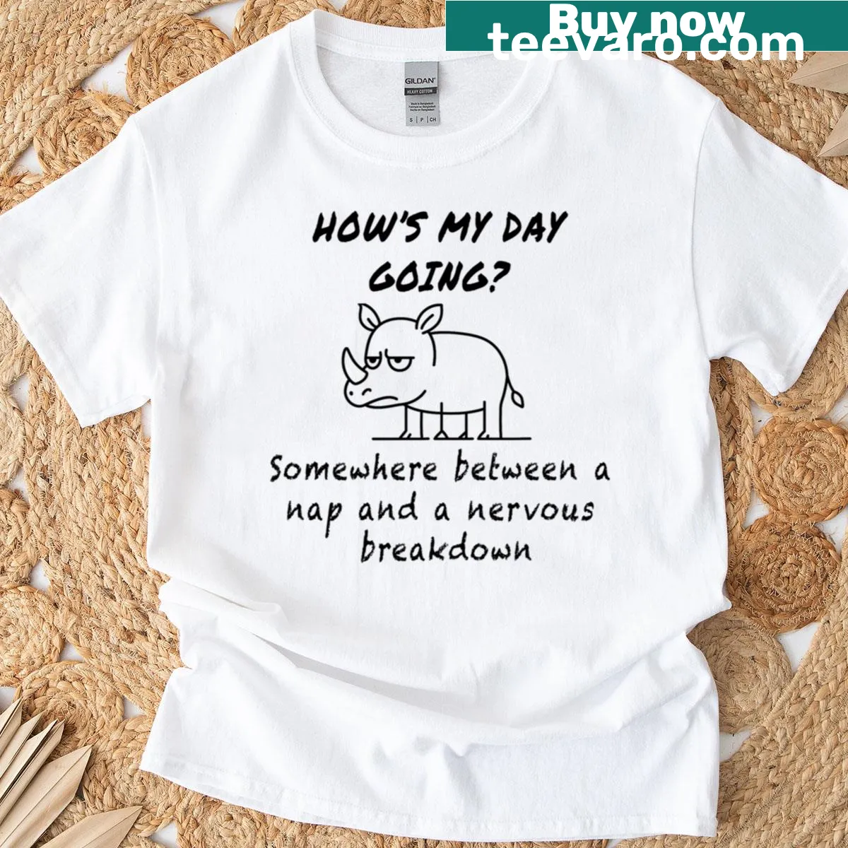 Funny Rhino graphic t-shirt with playful text — on a men's t-shirt