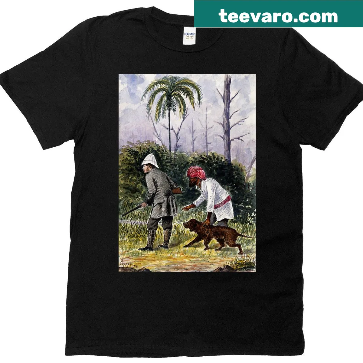 Artistic representation of hunting elements in Singapore on a t-shirt. — on a men's t-shirt