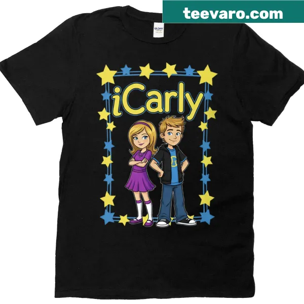 Nostalgic graphic of Icarly characters on an oversized t-shirt.