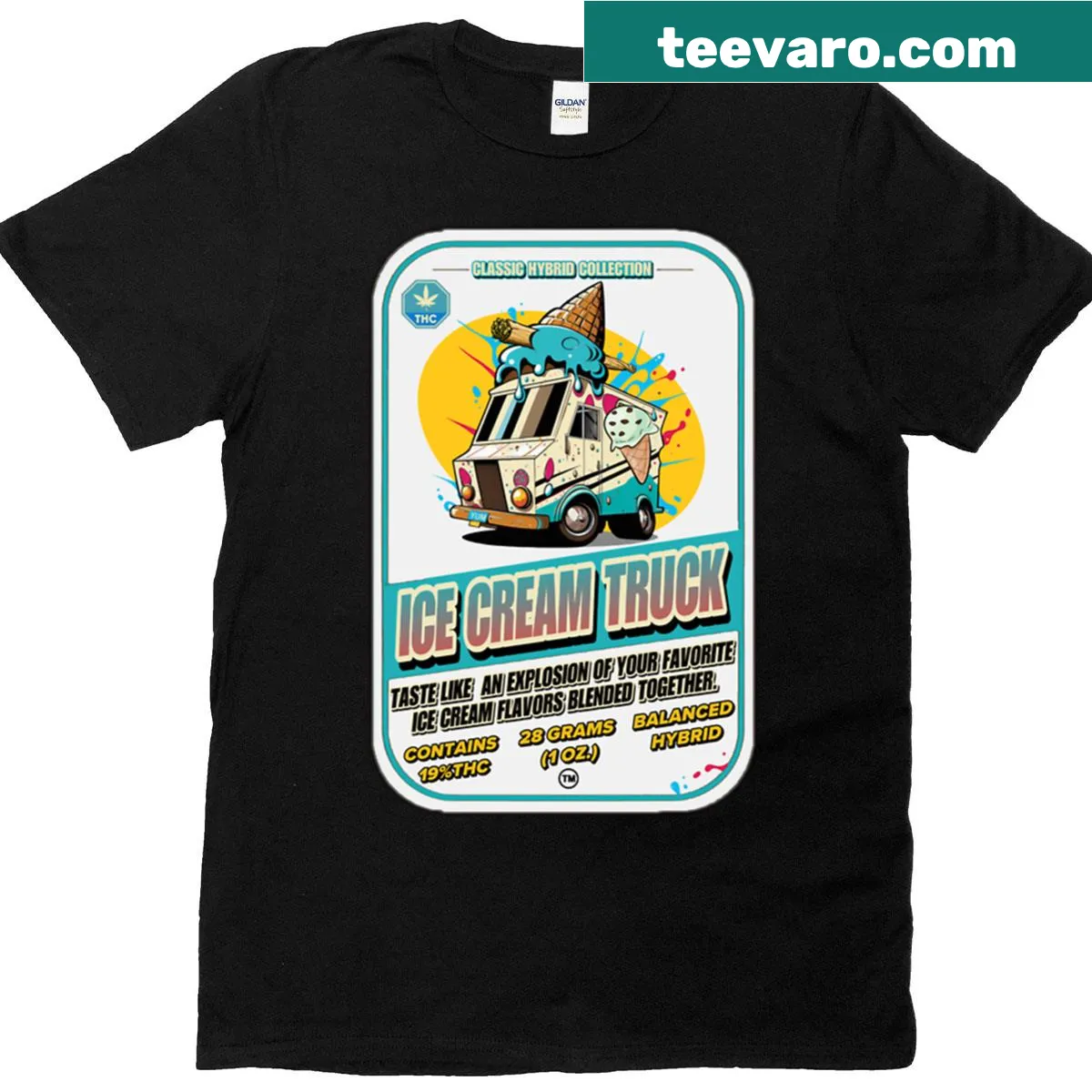Illustrated t-shirt featuring a colorful ice cream truck — on a men's t-shirt