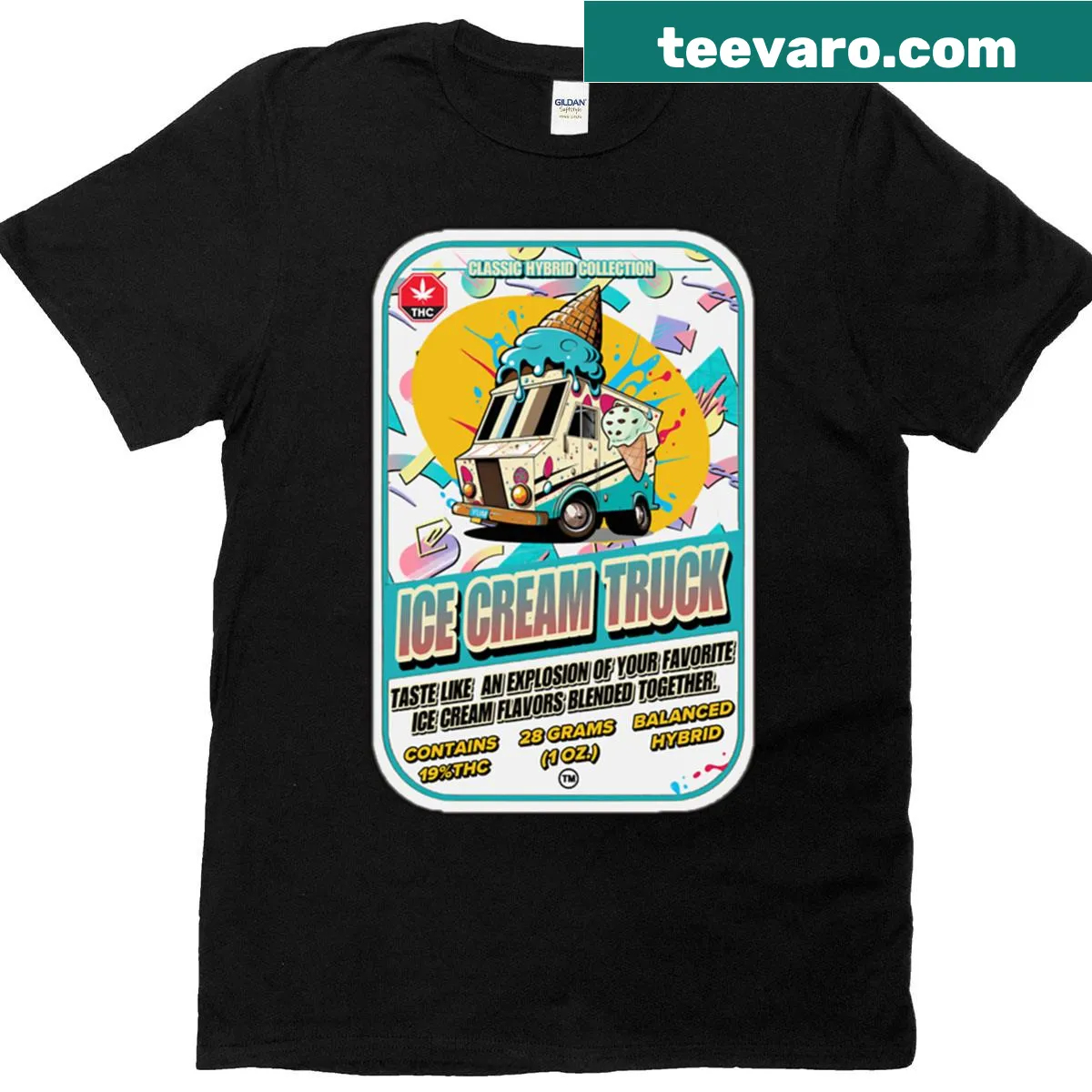 Colorful illustrated t-shirt featuring an ice cream truck — on a men's t-shirt
