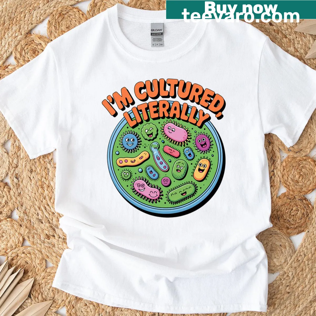 Science-themed t-shirt with the text 'I'm Cultured' in a humorous context. — on a men's t-shirt