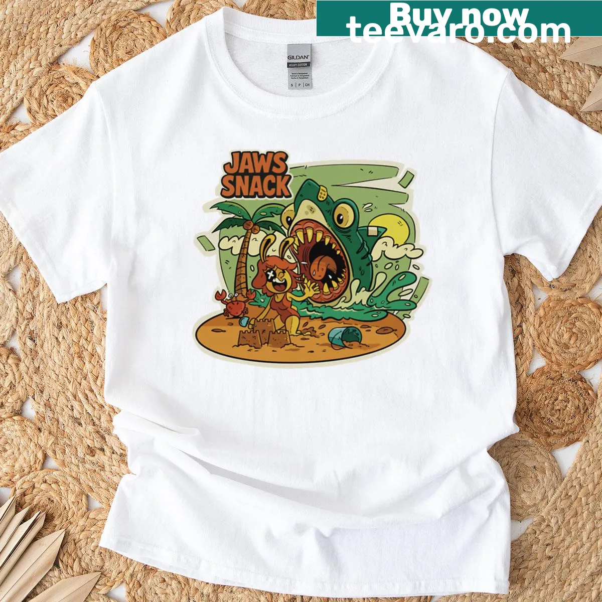 Oversized T-shirt featuring 'Jaws Snack' graphic with shark — on a men's t-shirt