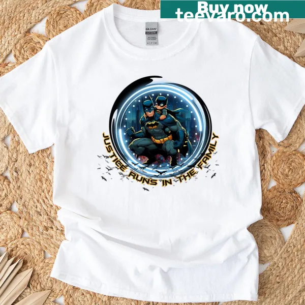 T-shirt featuring the phrase 'Justice Runs In The Family' in bold typography