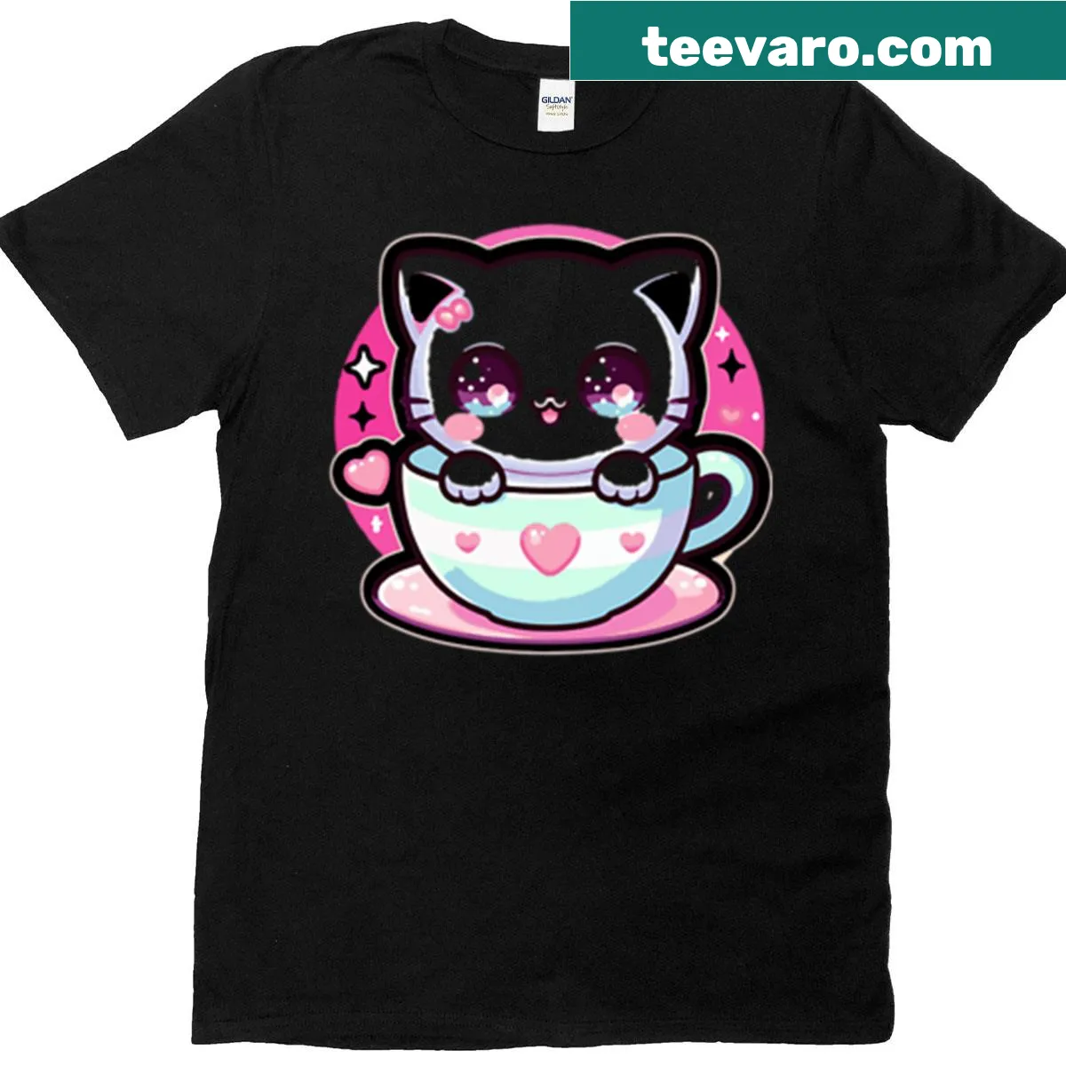 Kawaii cat in a teacup cartoon design on a t-shirt — on a men's t-shirt