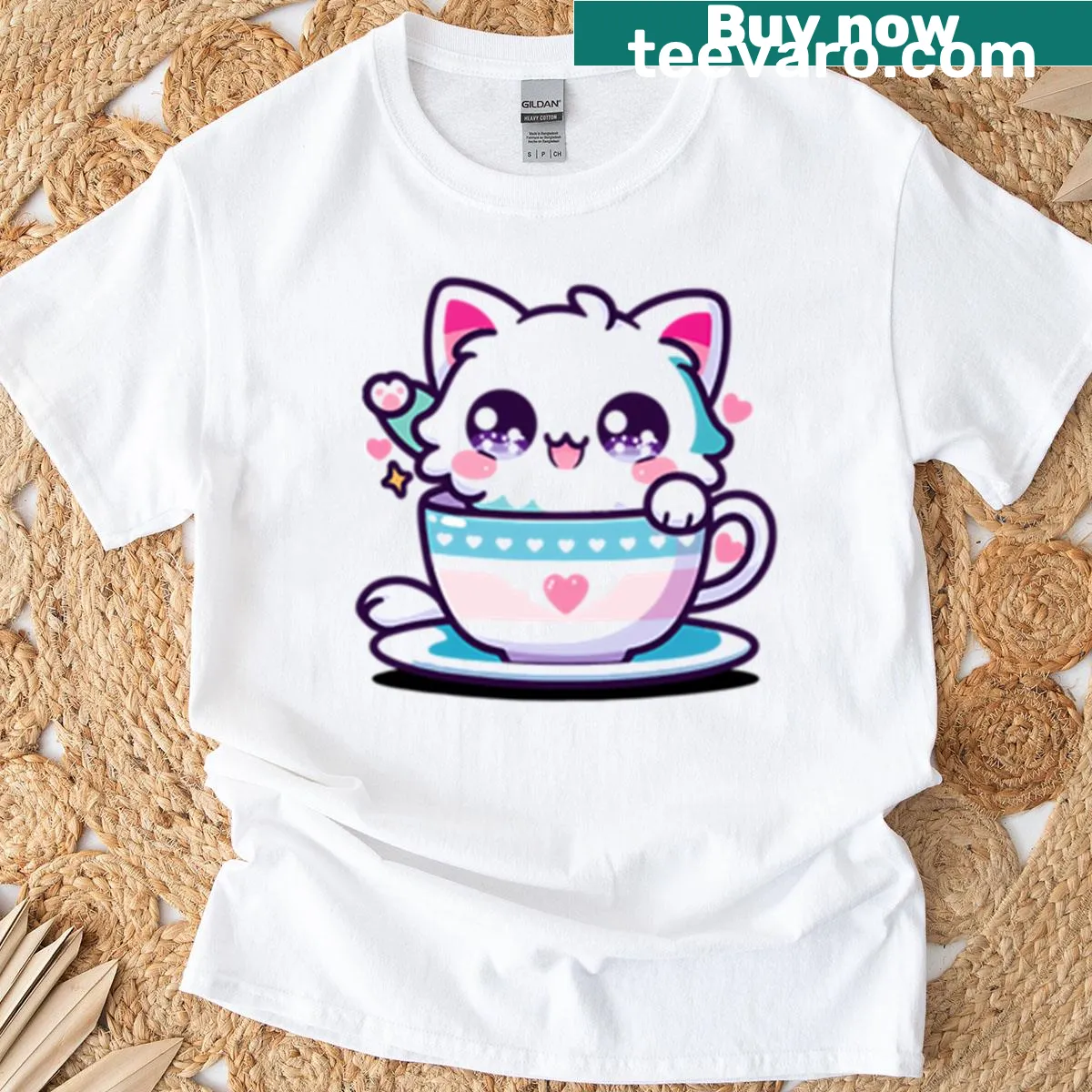 Kawaii kitten in teacup graphic on a cartoon T-shirt — on a men's t-shirt