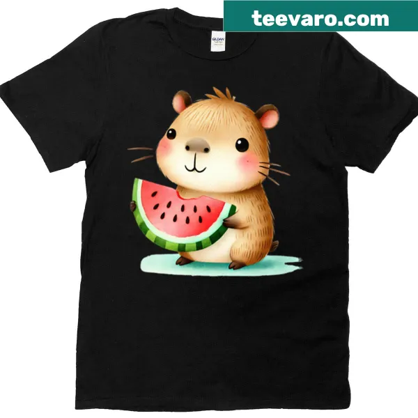 Cute capybara enjoying watermelon graphic T-shirt for kids