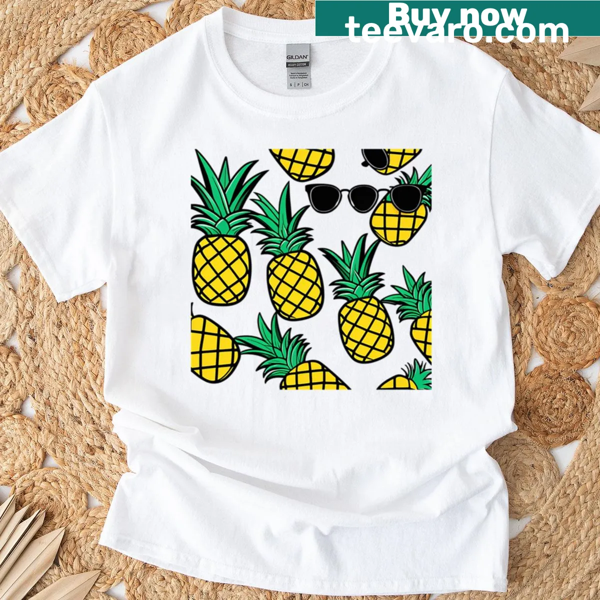 Playful T-shirt with cartoon pineapple wearing sunglasses — on a men's t-shirt