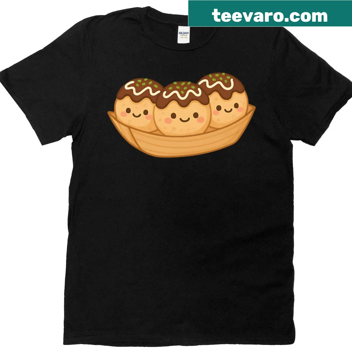 Kawaii t-shirt featuring three smiling octopus balls in a playful design. — on a men's t-shirt