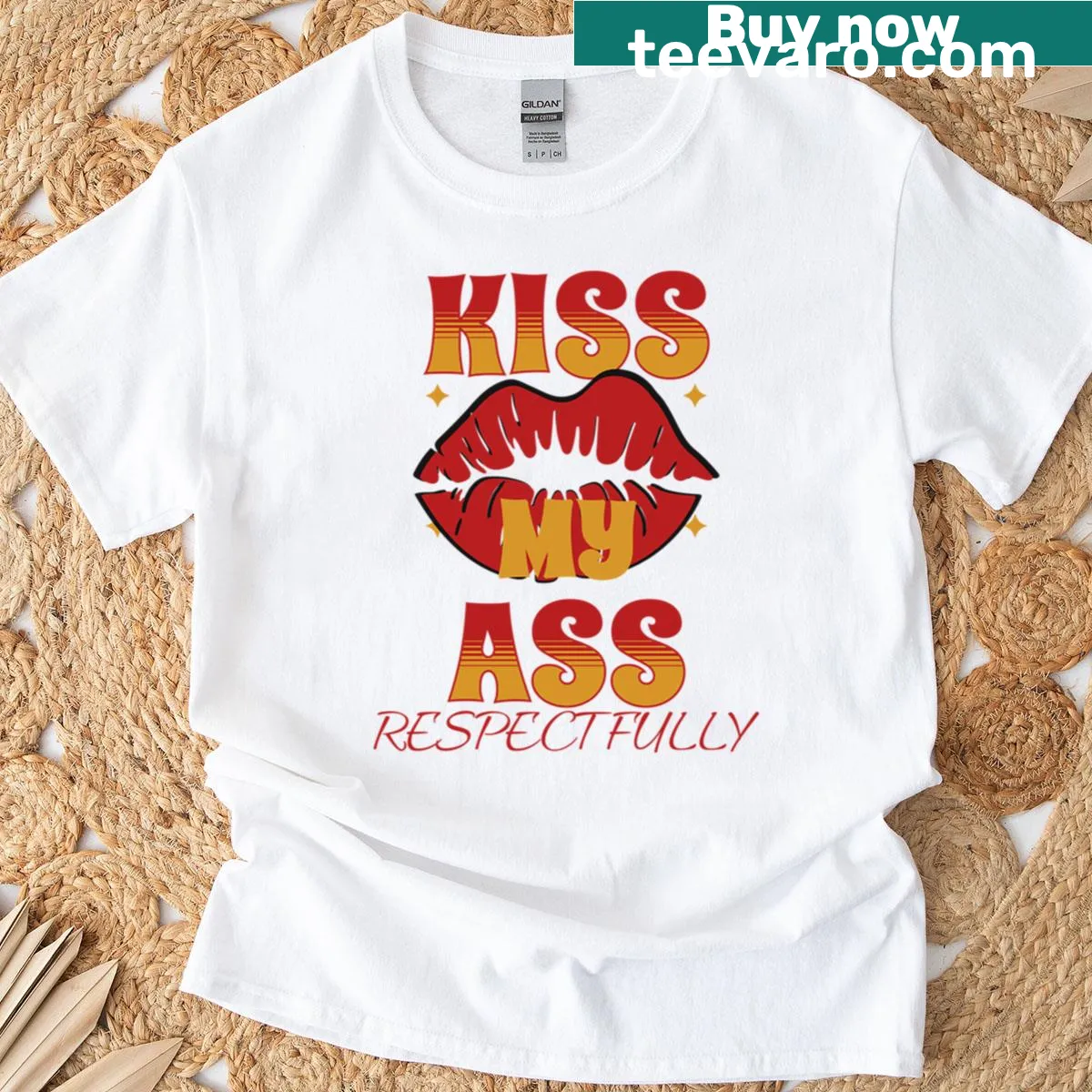 Funny shirt with the phrase 'Kiss My Ass' in bold text — on a men's t-shirt