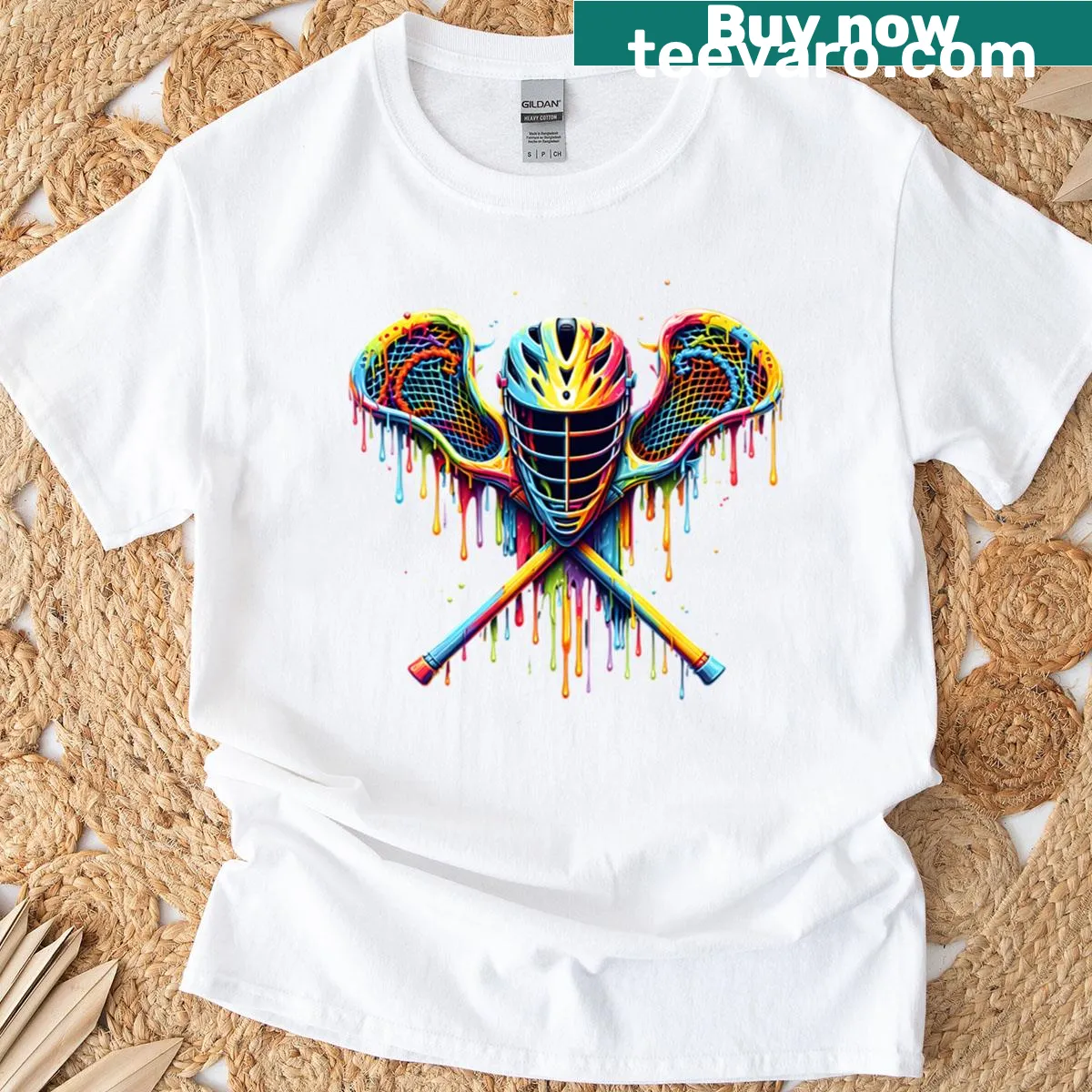 Lacrosse-themed t-shirt with sticks, helmet, and paint splash design — on a men's t-shirt
