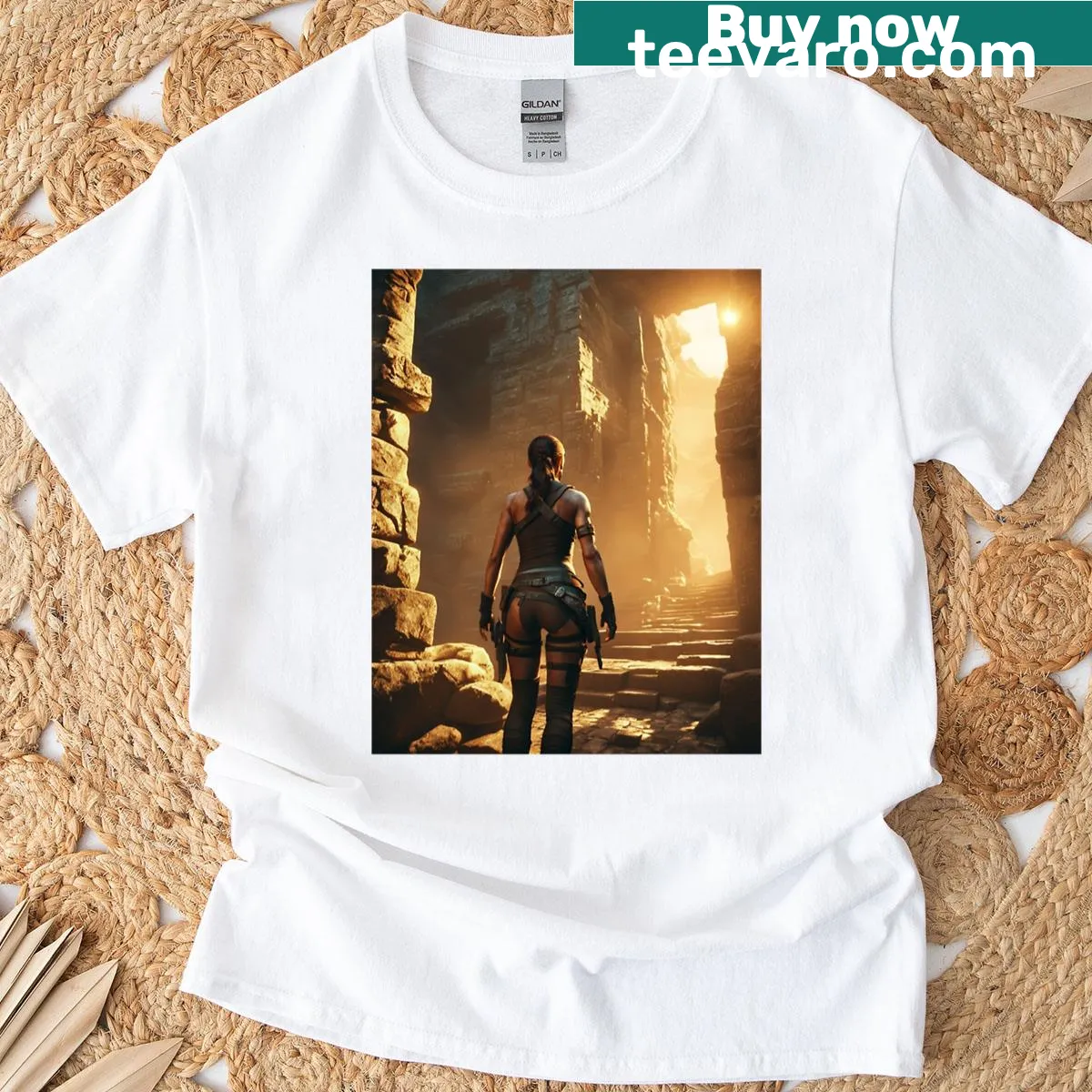 Graphic t-shirt featuring Lara Croft design — on a men's t-shirt