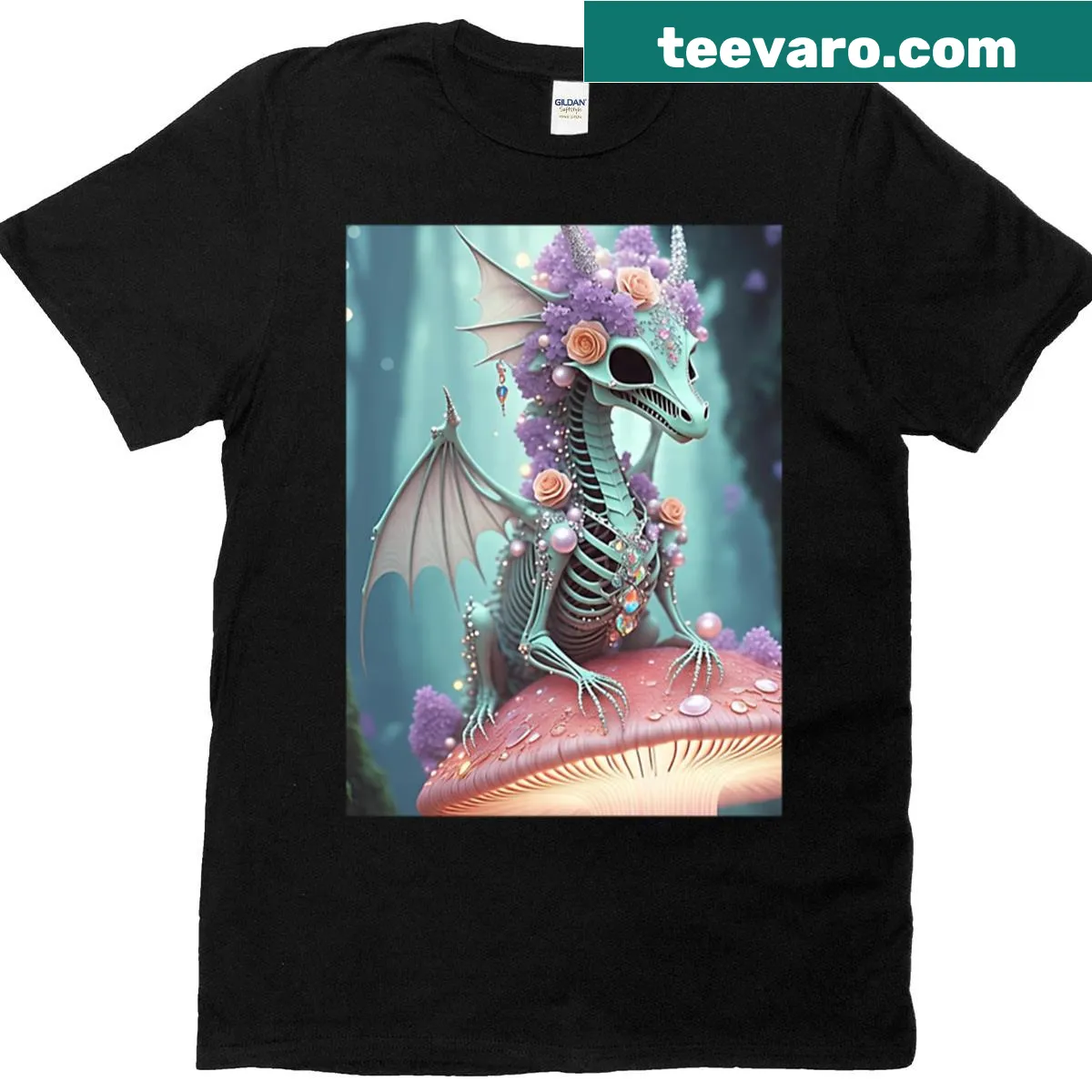 Oversized T-shirt featuring a skeletal dragon surrounded by roses — on a men's t-shirt