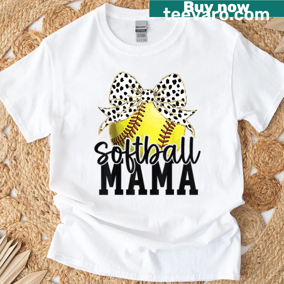 Softball Mom T-shirt with leopard bow illustration — on a men's t-shirt