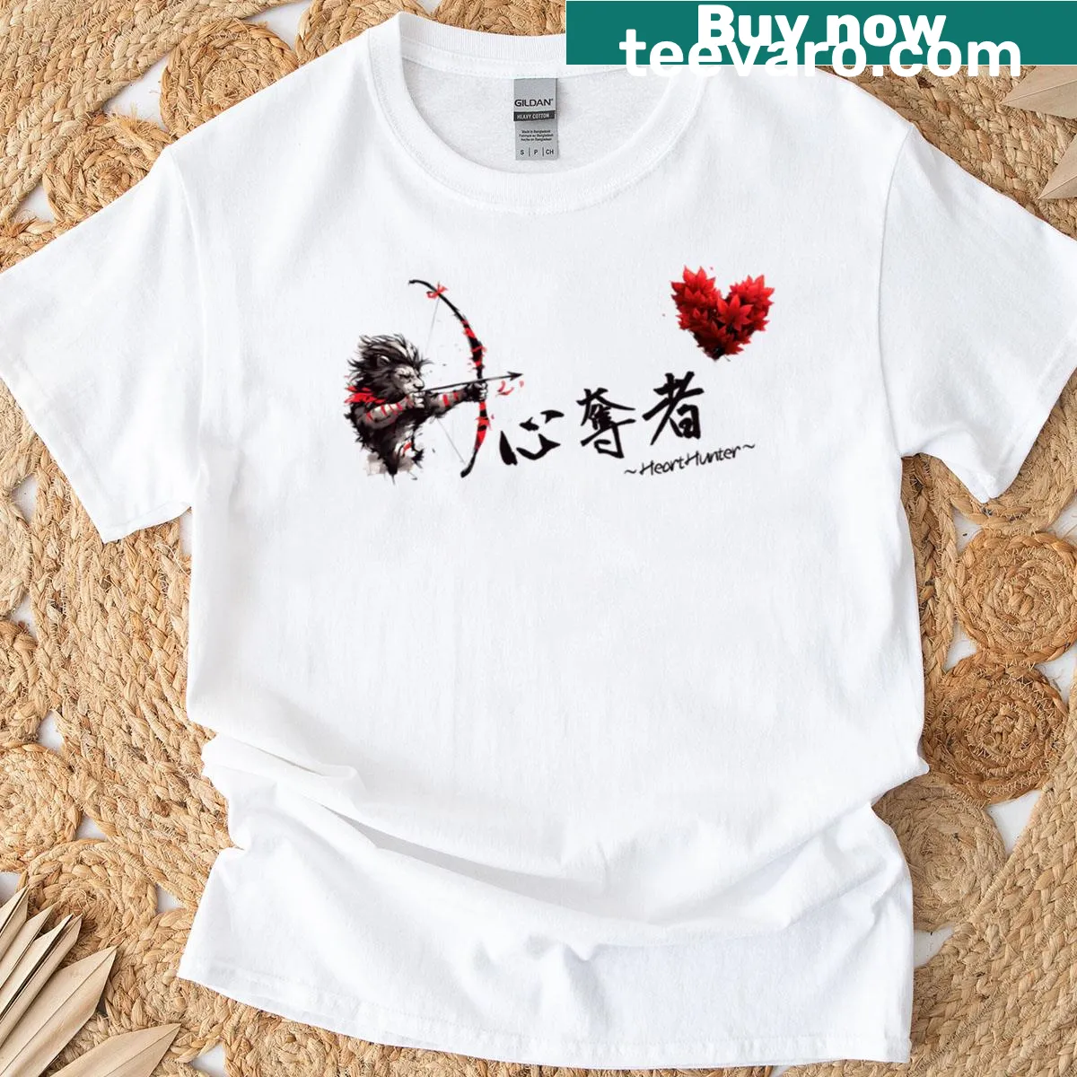 Japanese calligraphy T-shirt with lion and maple leaf design — on a men's t-shirt