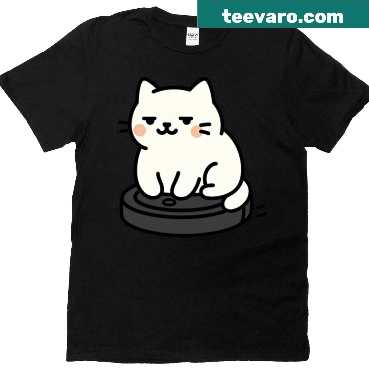 Kawaii chubby cat lounging on a Roomba illustrated on a T-shirt — on a men's t-shirt