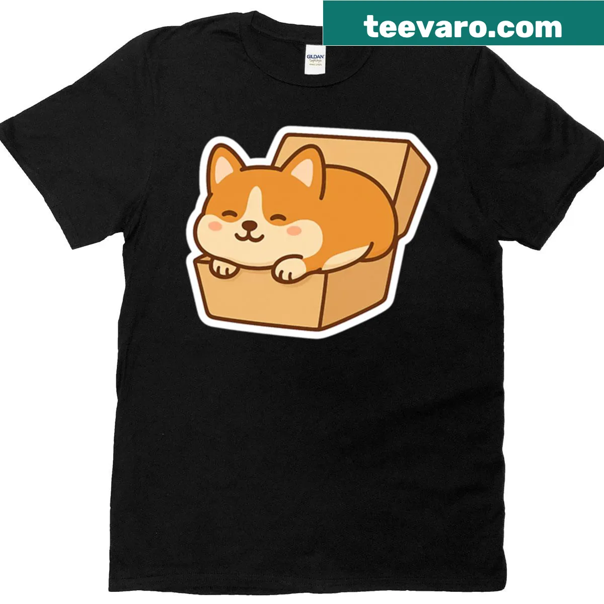 Oversized T-shirt featuring a kawaii corgi in a takeout box — on a men's t-shirt