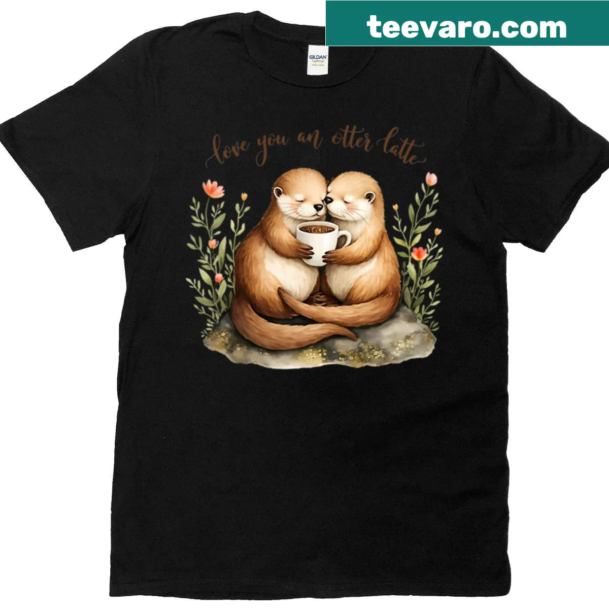 Cute otters illustration with text 'Love You An Otter Latte' on t-shirt — on a men's t-shirt