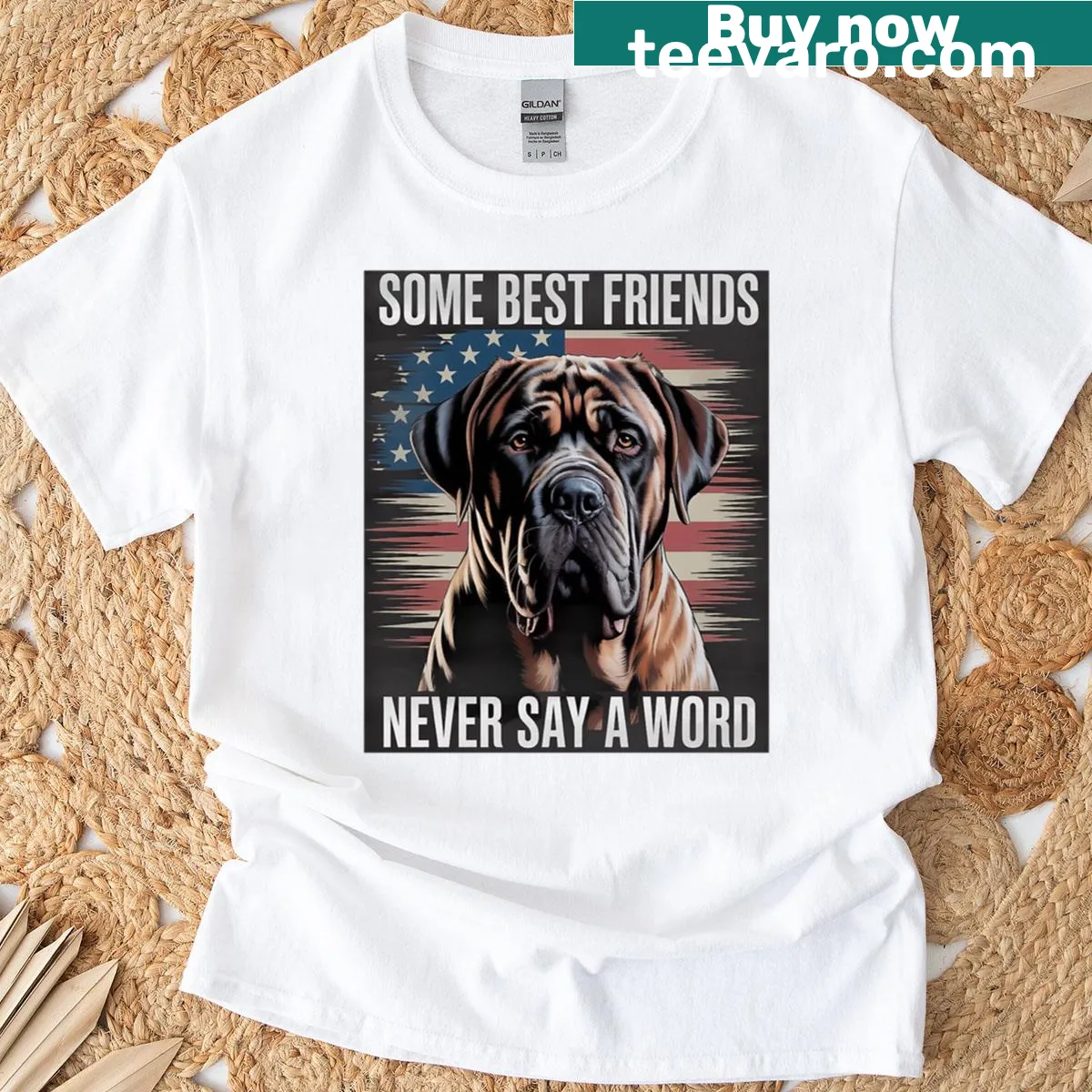 Dog silhouette with American flag design on a T-shirt — on a men's t-shirt