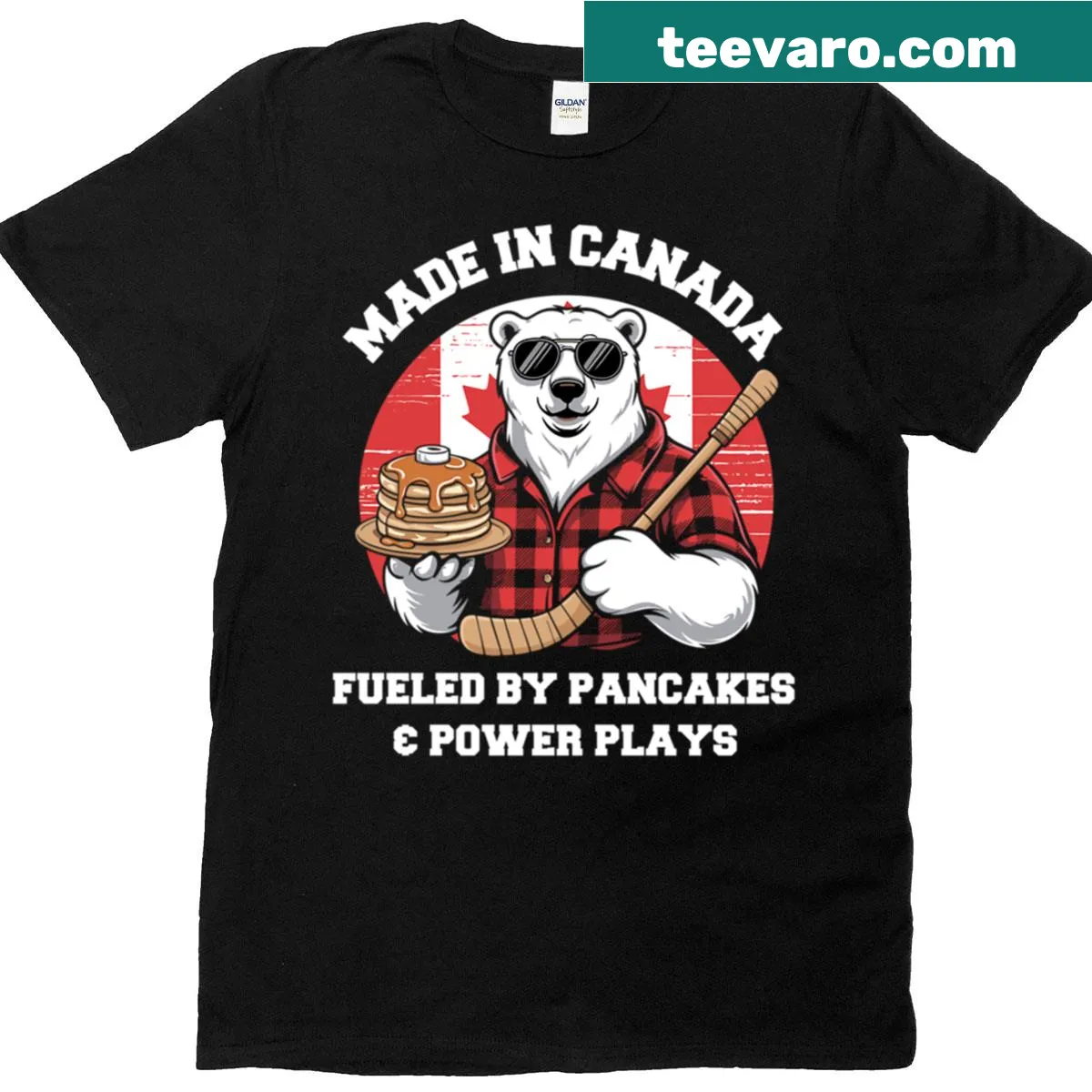 Graphic t-shirt featuring pancakes and polar bear with Canadian pride text — on a men's t-shirt