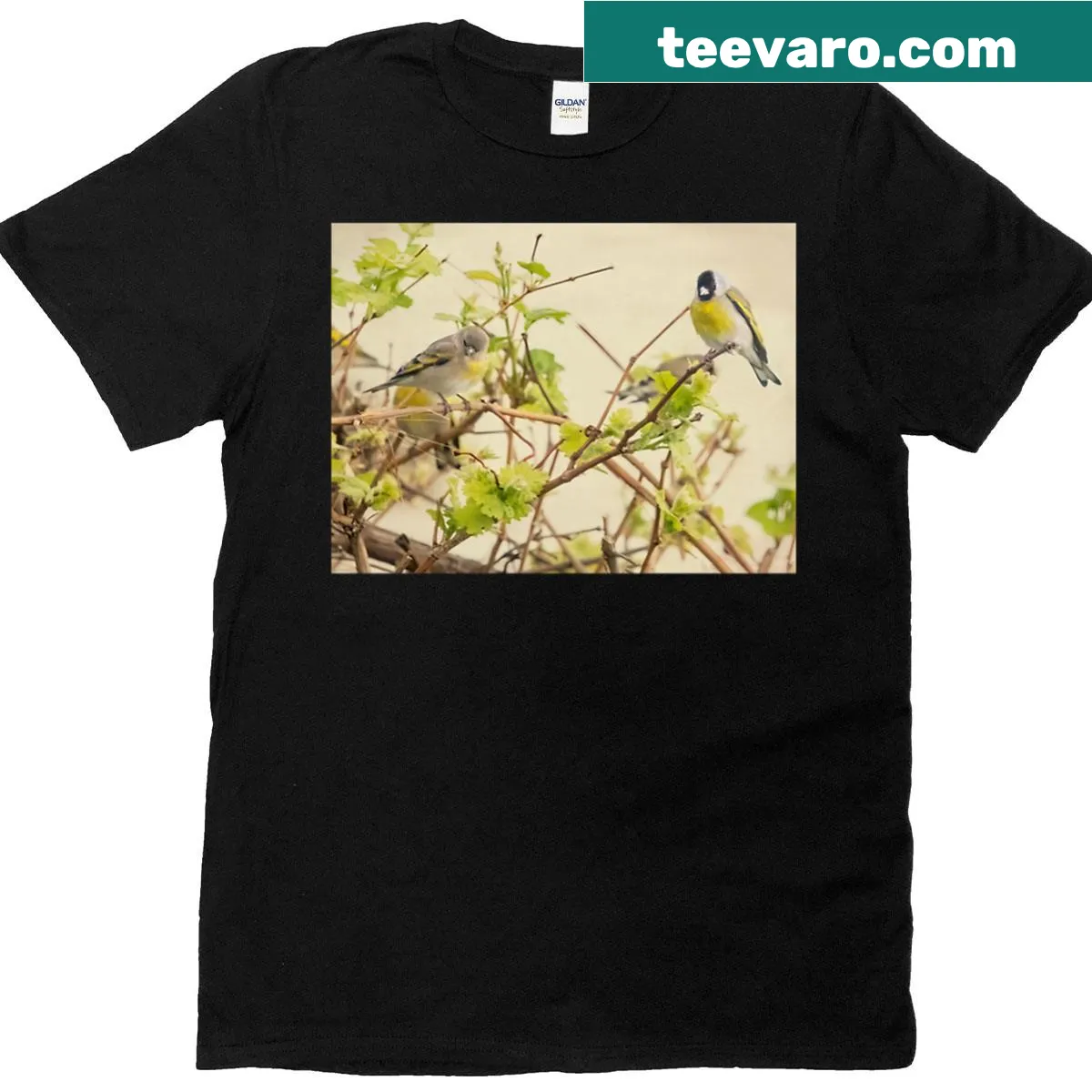Illustration of Male and Female Lawrence's Goldfinches on a T-shirt — on a men's t-shirt