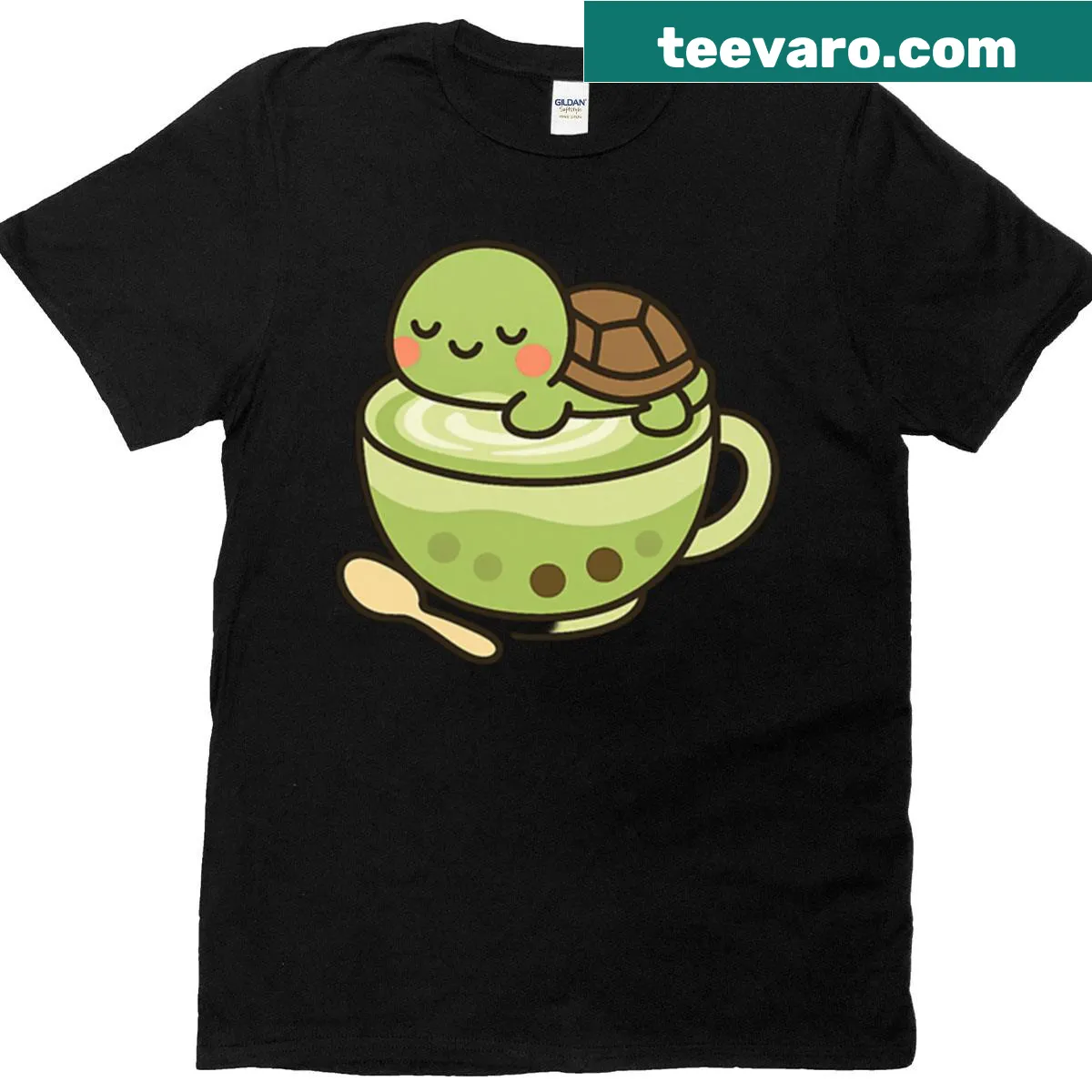Kawaii turtle illustration in matcha tea cup on oversized t-shirt — on a men's t-shirt