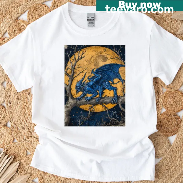 Illustration of a blue devil sitting on a tree on a t-shirt