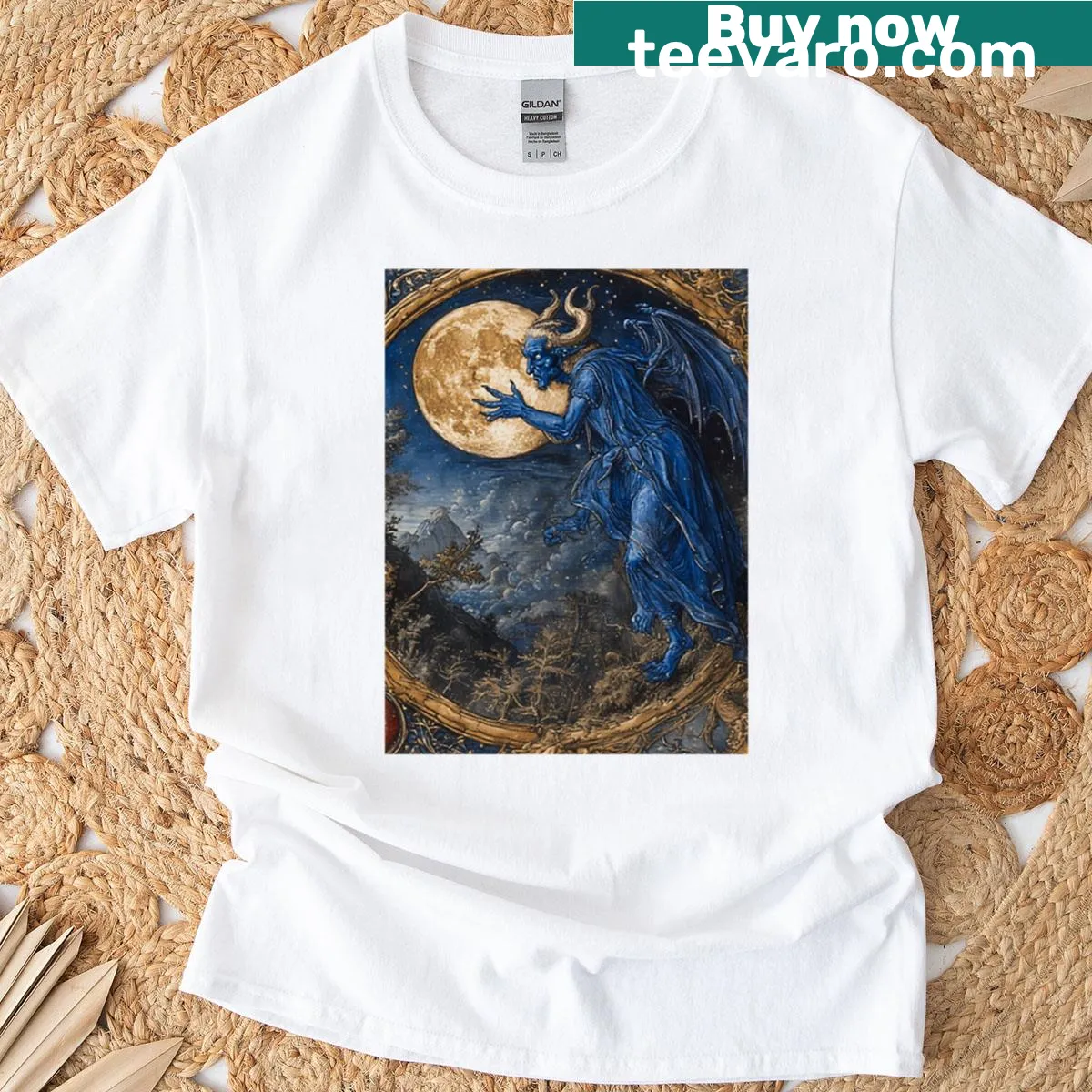 Illustration of a devil figure against a blue moon on a t-shirt — on a men's t-shirt