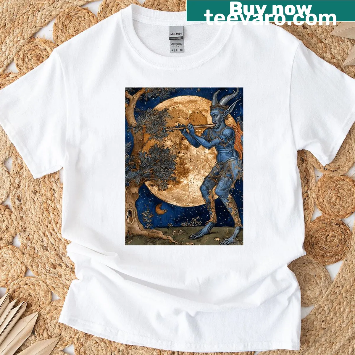 Illustration of a devil playing a flute on a t-shirt — on a men's t-shirt