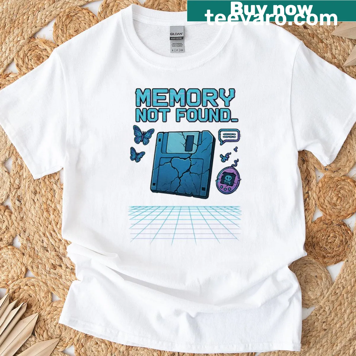 90s vaporwave T-shirt with glitched digital art — on a men's t-shirt