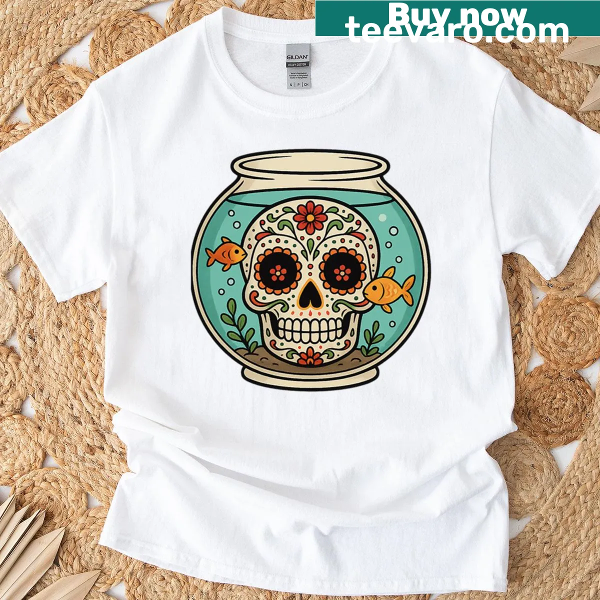 Illustration of a skull in a fishbowl on a t-shirt — on a men's t-shirt