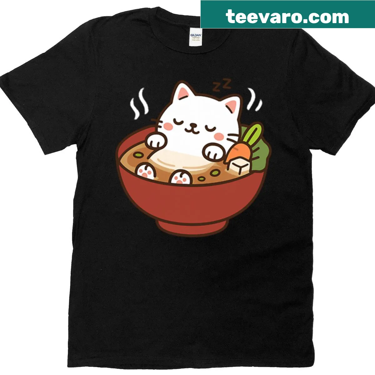 Kawaii T-shirt featuring a cat floating in miso soup graphic — on a men's t-shirt