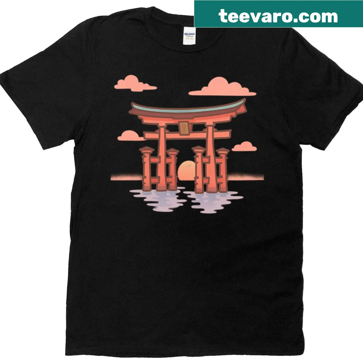 Illustrated Miyajima Torii gate at sunset on a serene T-shirt — on a men's t-shirt
