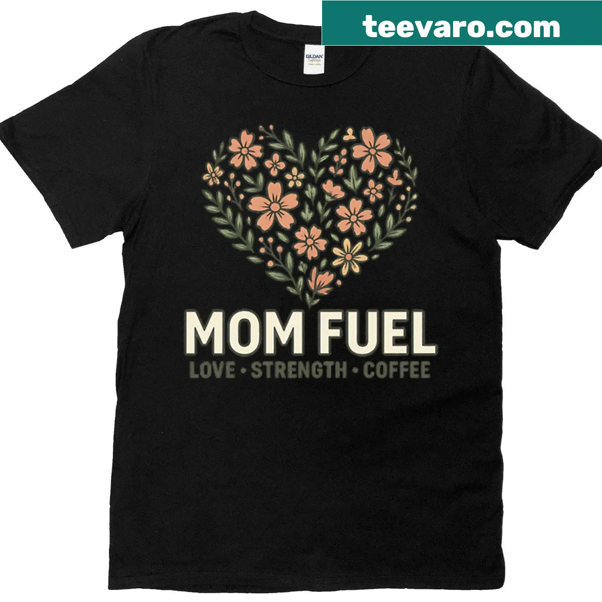 Mom Fuel Love Strength Coffee oversized T-shirt with playful typography — on a men's t-shirt