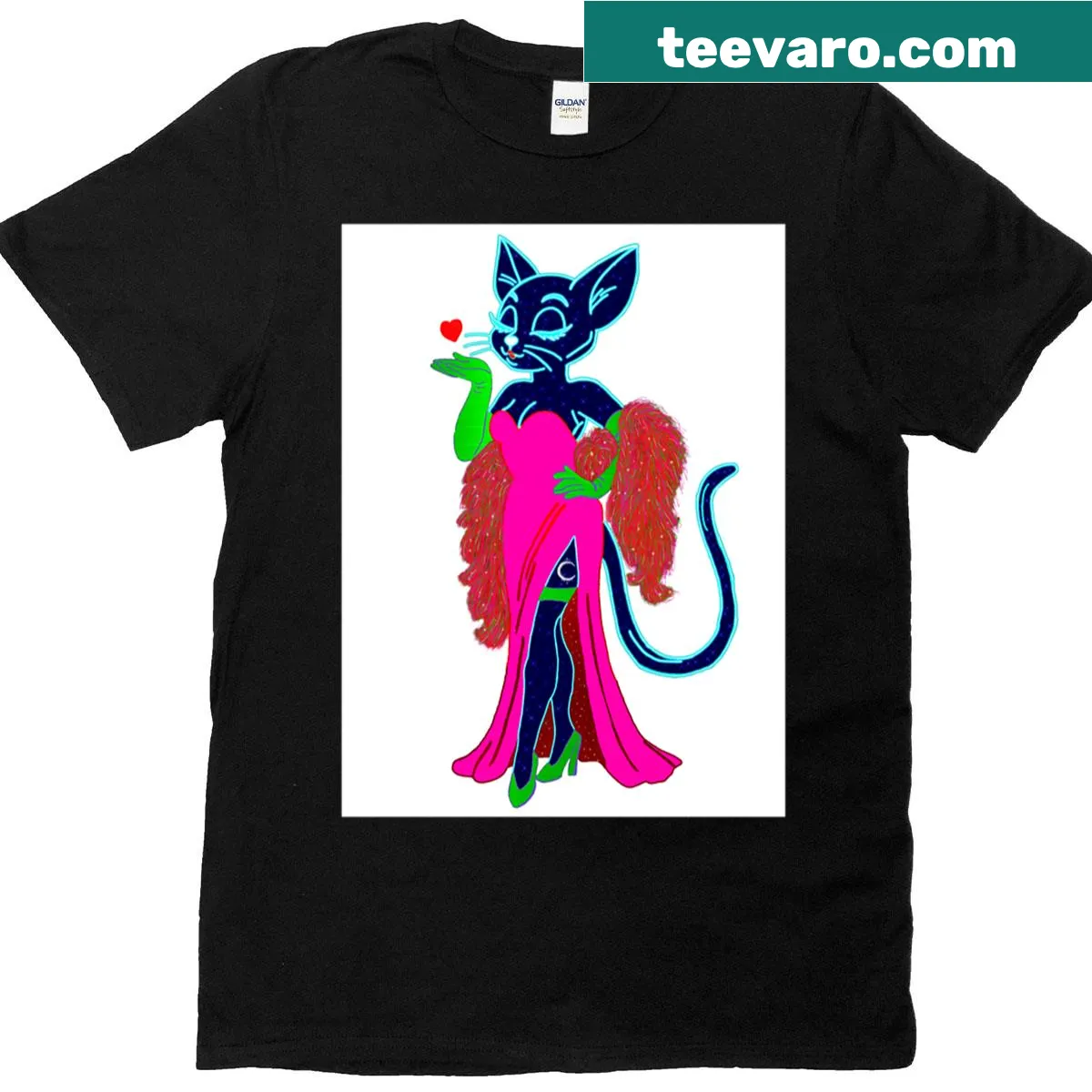 Cute design of a playful kitty against a moon on a T-shirt — on a men's t-shirt