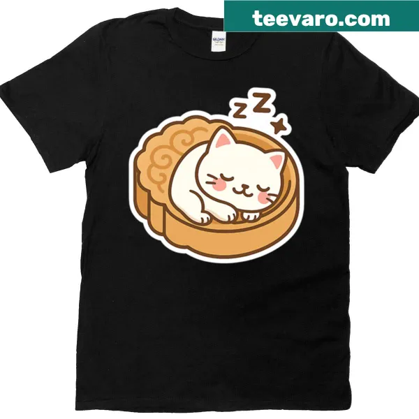 Kawaii white cat in mooncake bed graphic on t-shirt