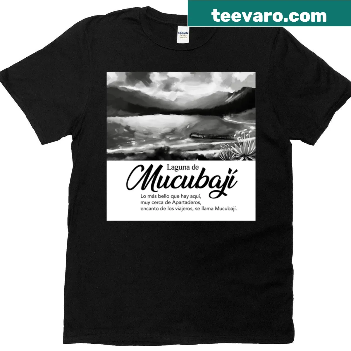 Artistic illustration of Mucubaj Lagoon, Venezuela on t-shirt — on a men's t-shirt