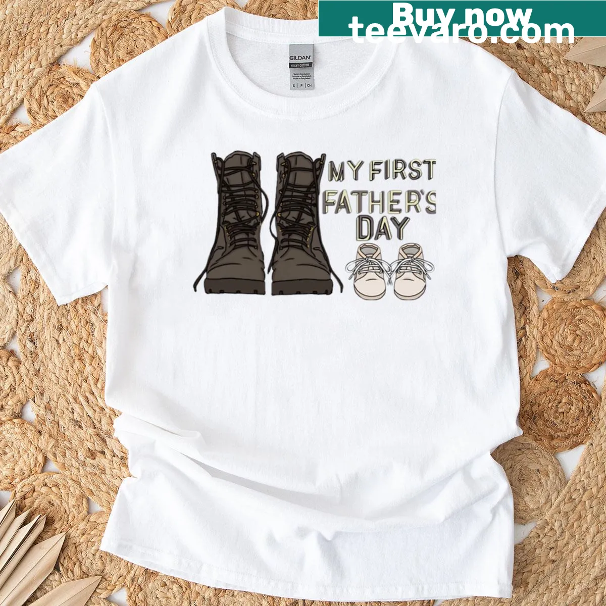 Celebratory t-shirt for new fathers with text 'My First Father's Day' — on a men's t-shirt