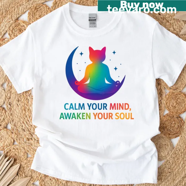 Oversized T-shirt with a mystical rainbow cat illustration and inspirational text.