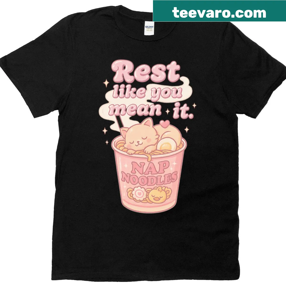 Cute T-shirt with a kawaii cat in a ramen cup illustration — on a men's t-shirt