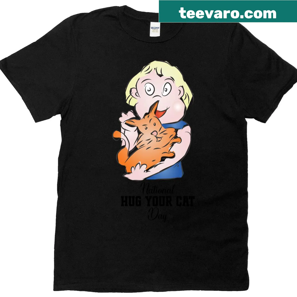 Sign graphic promoting National Hug Your Cat Day on a T-shirt — on a men's t-shirt
