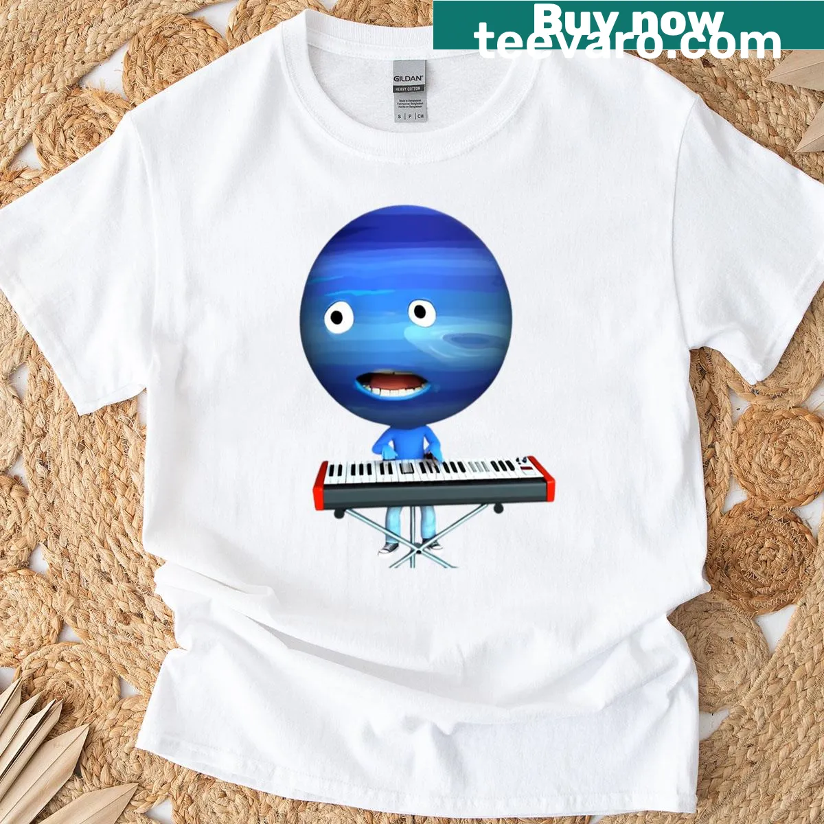 Minimalist line-art T-shirt featuring Neptune, representing cosmic beauty. — on a men's t-shirt