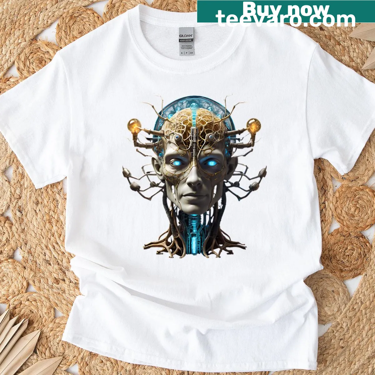 Illustrative t-shirt inspired by the Neuromancer novel — on a men's t-shirt